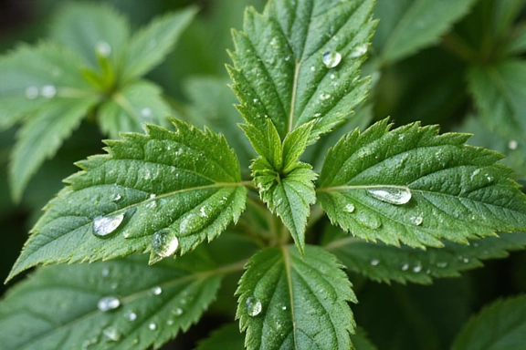 Foglie verdi fresche con goccioline d'acqua, disposte a formare uno scudo stilizzato, simbolo di protezione immunitaria.