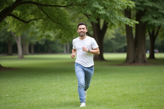 Una persona sorridente che corre energicamente in un parco verde, simbolo di energia e vitalità.