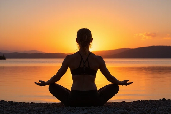 Una persona in posizione di yoga su una riva di lago al tramonto, che rappresenta equilibrio e benessere olistico.