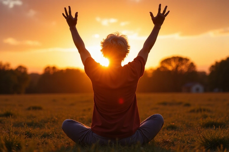 Anziano che pratica yoga all'aperto, al tramonto, trasmettendo calma e flessibilità in età avanzata.