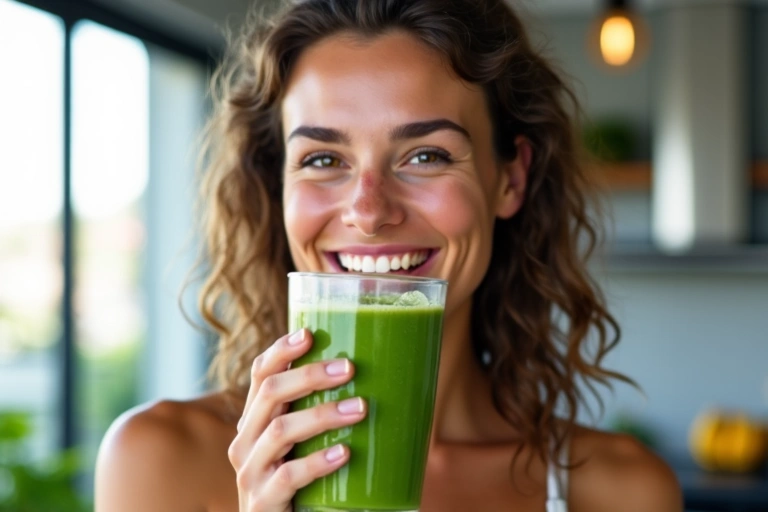 Donna sorridente che beve un frullato verde, simbolo di detox e purificazione, in una cucina luminosa.