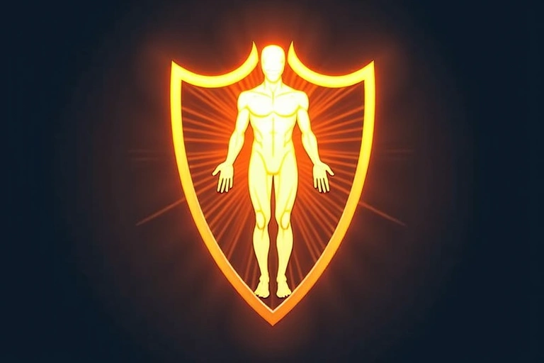 Simbolo astratto di forza e protezione del corpo umano, con scudi stilizzati e luce brillante.