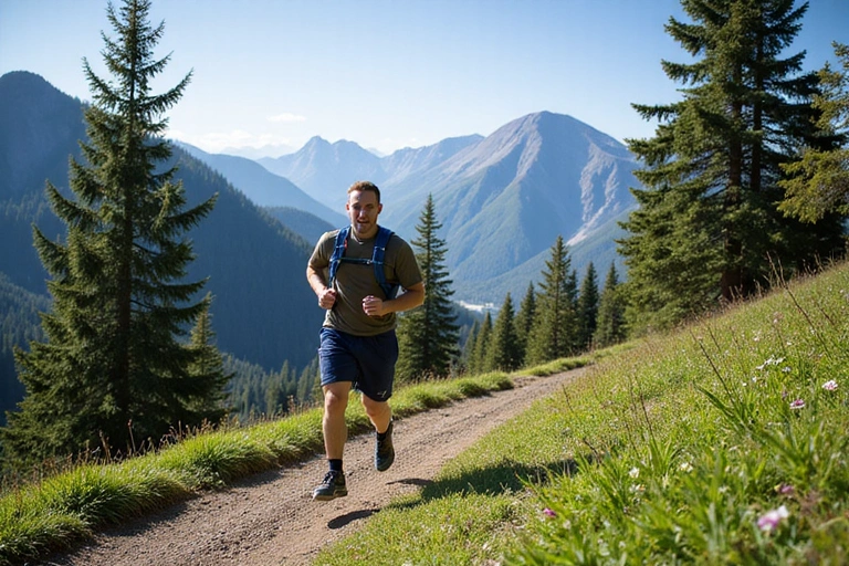 Uomo che pratica sport all'aperto, correndo in un sentiero di montagna con alberi e cielo azzurro.