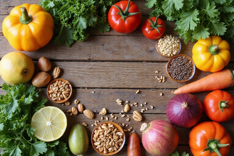 Varietà di alimenti sani e naturali come frutta, verdura, noci e semi disposti artisticamente su un tavolo di legno.