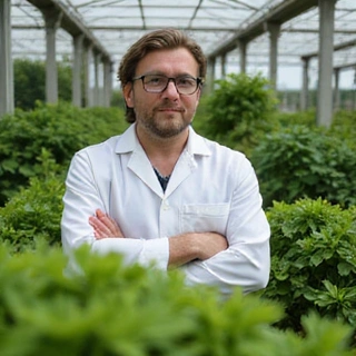 Ritratto di un membro del team Romavixia, un botanico con uno sfondo di piante rigogliose.