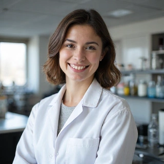 Ritratto di un membro del team Romavixia, un giovane chimico sorridente con camice da laboratorio.