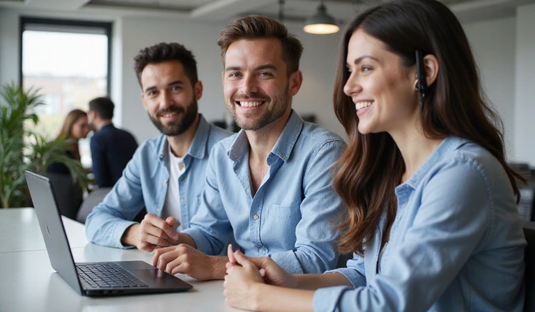 Ufficio moderno con persone che collaborano e sorridono, simboleggiando un team di supporto amichevole.