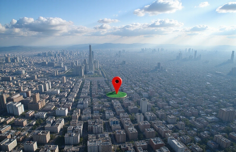 Vista aerea della città di Kazan con un indicatore di posizione, che mostra la posizione dell'ufficio.
