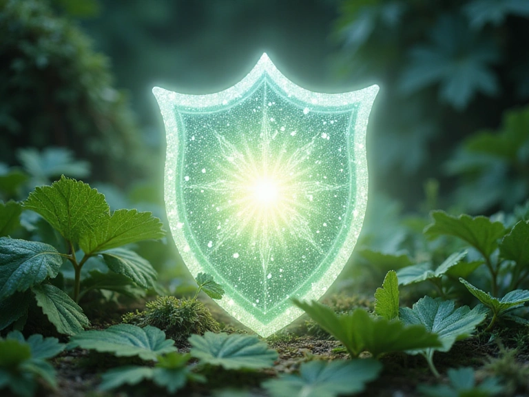 Scudo protettivo luminoso con elementi naturali, simbolo di immunità