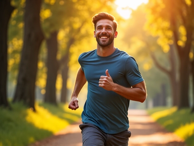 Uomo energico che corre in un paesaggio naturale, simbolo di vitalità