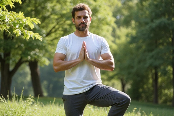 Uomo che pratica yoga all'aperto, simbolo di equilibrio e benessere