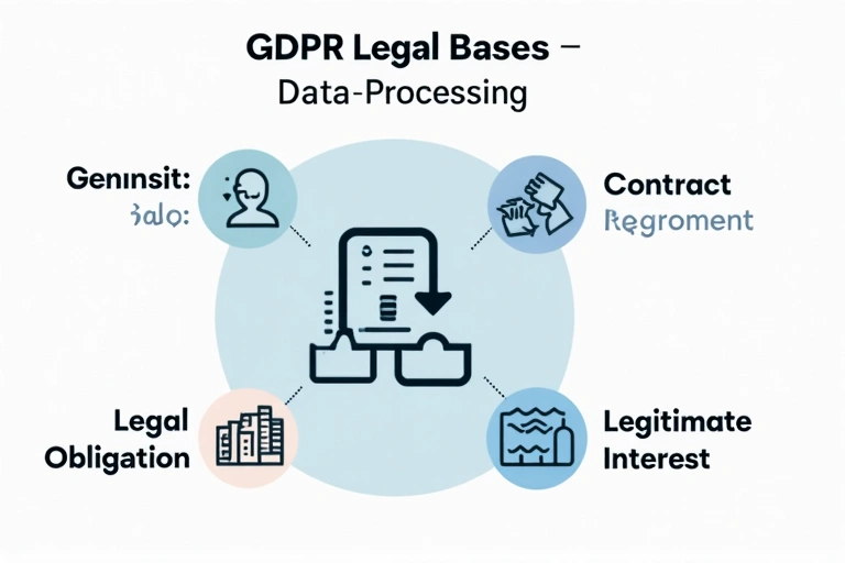 Un diagramma che mostra le basi giuridiche del GDPR, con icone per consenso, contratto, obbligo legale e interesse legittimo.