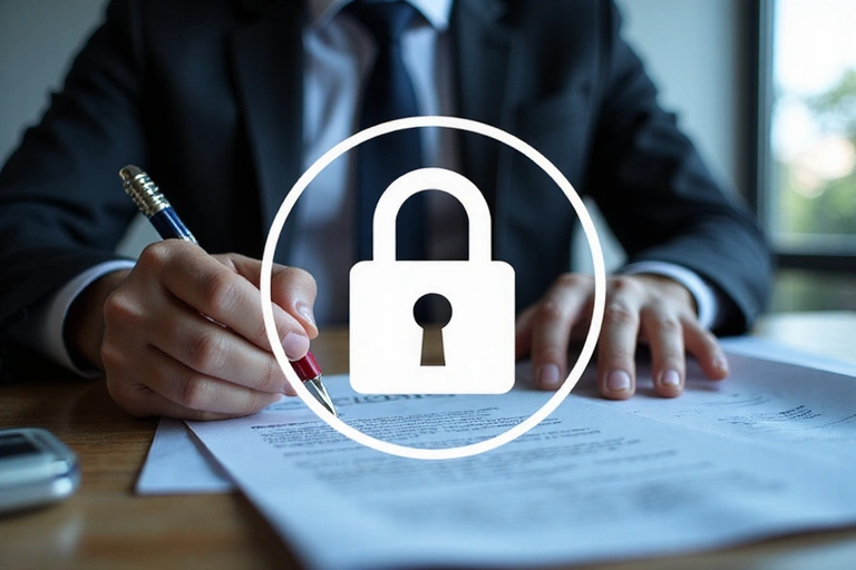 Una persona che legge un documento legale con un lucchetto stilizzato a rappresentare la sicurezza dei dati.