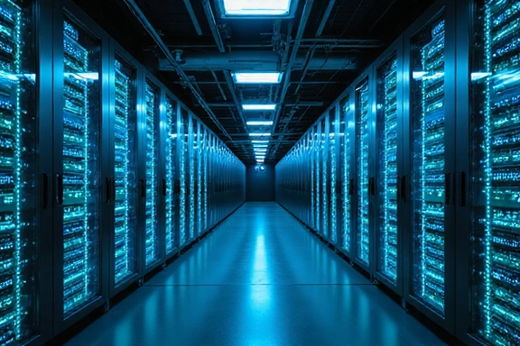 Server room with data flow visualizations