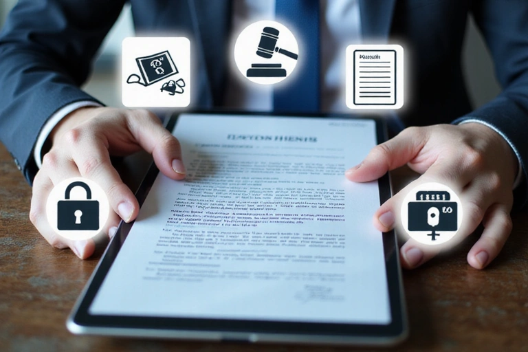 Una persona che legge un documento legale su un tablet, circondata da icone che rappresentano termini e condizioni, come un martello da giudice, un contratto e un lucchetto.